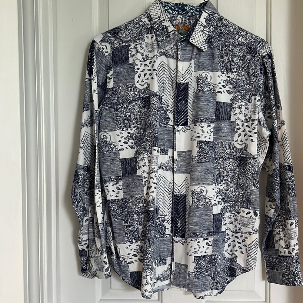 Robert Graham Men’s Patchwork Print Button-Down Shirt in White and Navy